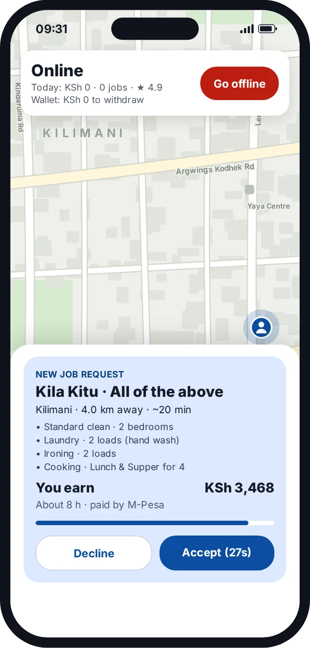 The Mfanyikazi app showing a new job request and what the helper earns
