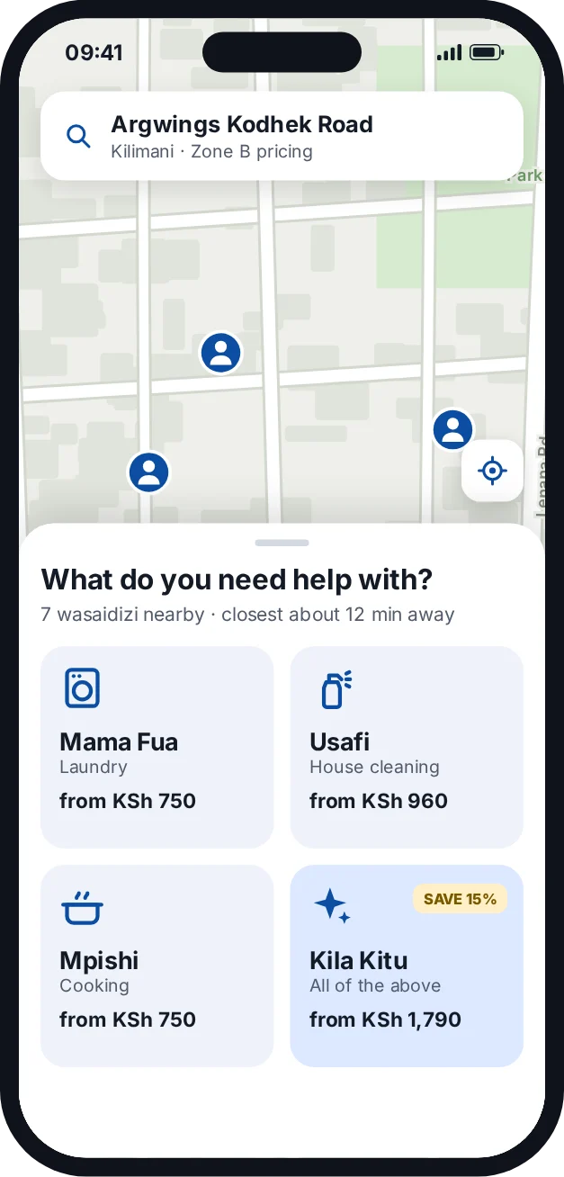 The Msaidizi app: a map of Kilimani with wasaidizi nearby, and the four services to choose from