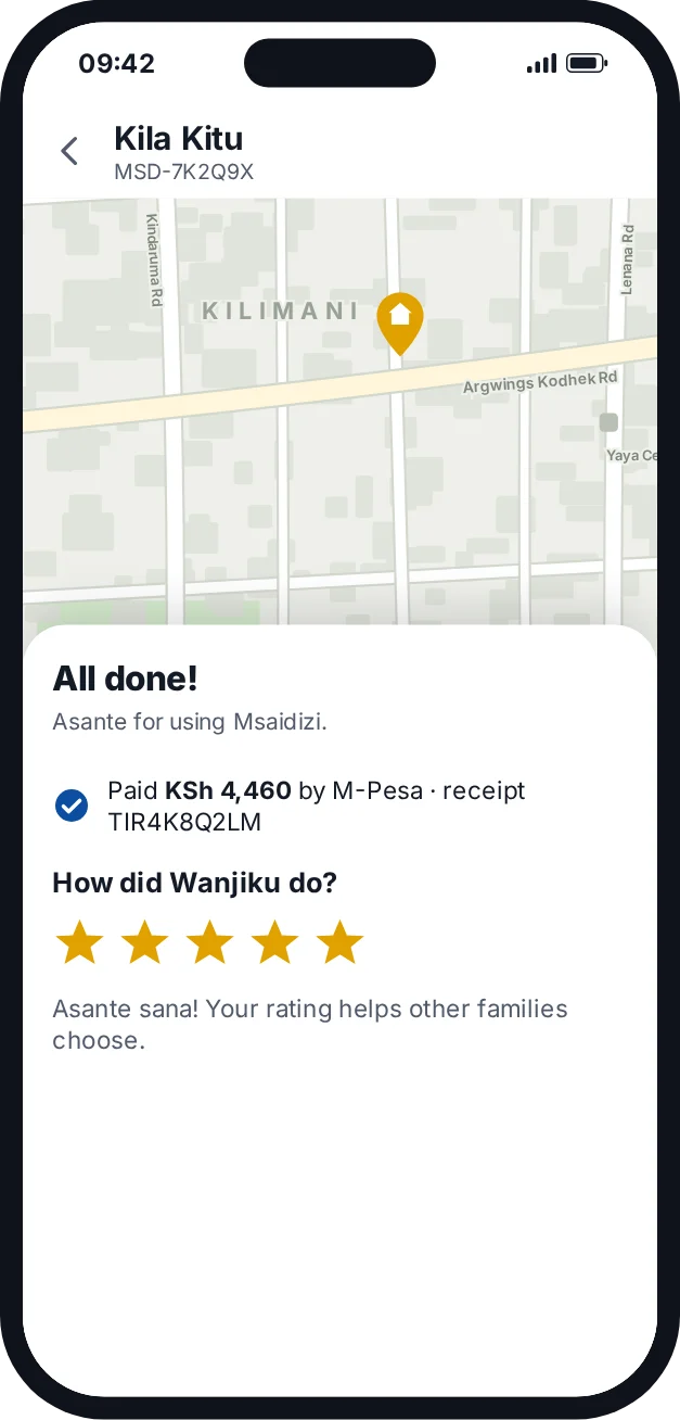 Paid by M-Pesa and a five-star rating