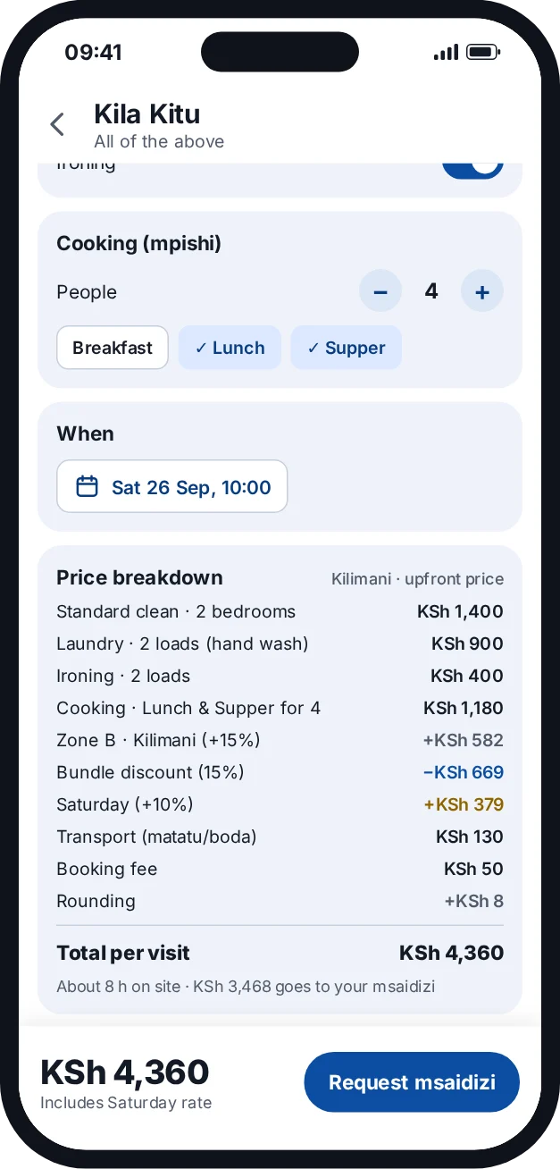 The itemised price for a Kila Kitu booking